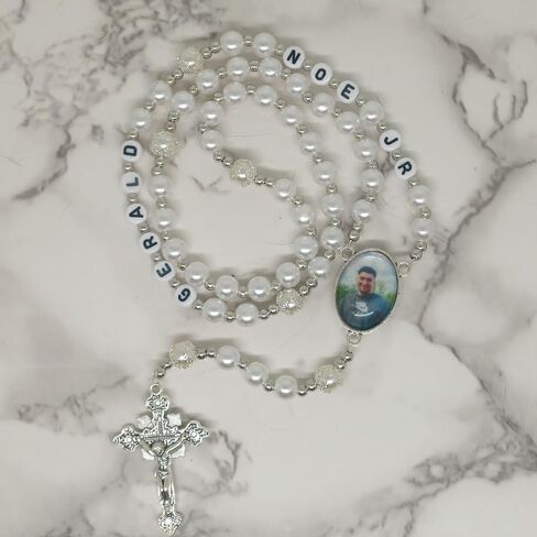 Personalized with Picture Photo and Name Rosary Beads Crucifix Prayer Meditation Beads Jesus Baptism Christening Wedding White Beads with the Accent Color of Your Choice in Saudi Arabia