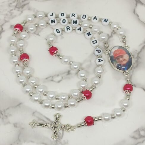 Personalized with Picture Photo and Name Rosary Beads Crucifix Prayer Meditation Beads Jesus Baptism Christening Wedding White Beads with the Accent Color of Your Choice in Saudi Arabia