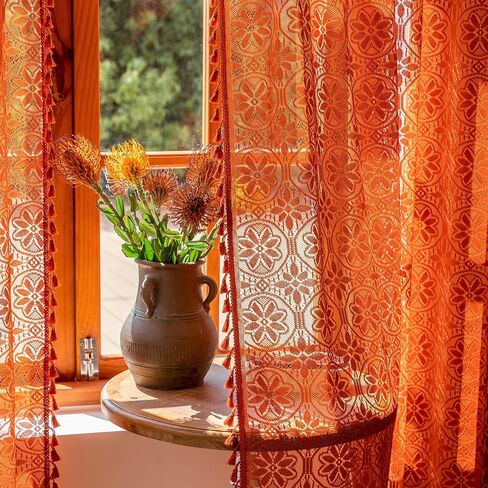 Sutuo Home Terracotta Boho Sheer Curtains 84 inches Long for Bedroom Living Room, Bohemian Burnt Orange Lace Cottage Crochet Privacy Farmhouse Vintage Tassels Halloween Decor Rod Pocket,2 Panels 50" W in Saudi Arabia