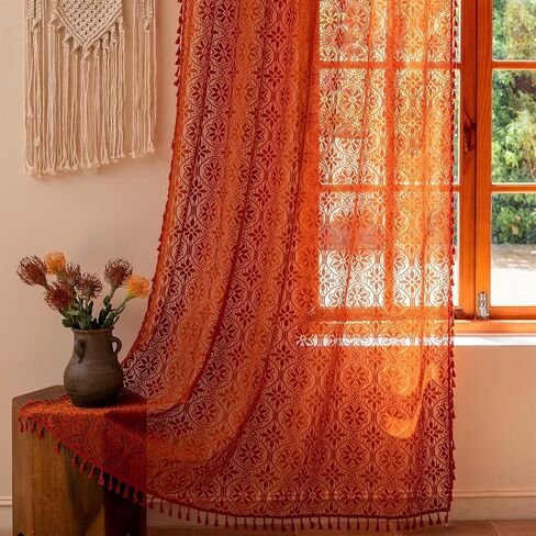 Sutuo Home Terracotta Boho Sheer Curtains 84 inches Long for Bedroom Living Room, Bohemian Burnt Orange Lace Cottage Crochet Privacy Farmhouse Vintage Tassels Halloween Decor Rod Pocket,2 Panels 50" W in Saudi Arabia