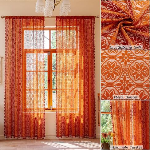 Sutuo Home Terracotta Boho Sheer Curtains 84 inches Long for Bedroom Living Room, Bohemian Burnt Orange Lace Cottage Crochet Privacy Farmhouse Vintage Tassels Halloween Decor Rod Pocket,2 Panels 50" W in Saudi Arabia