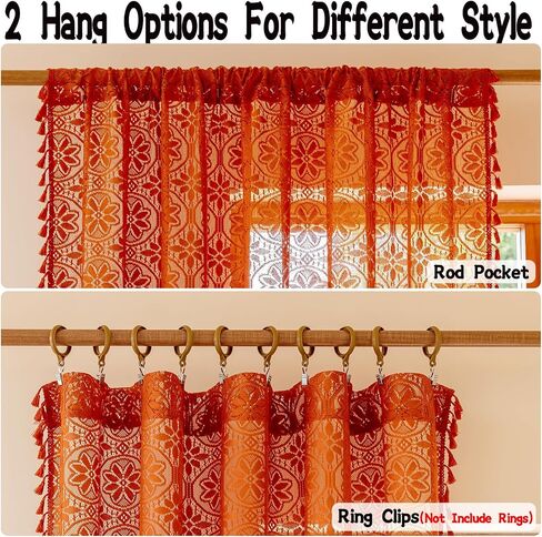 Sutuo Home Terracotta Boho Sheer Curtains 84 inches Long for Bedroom Living Room, Bohemian Burnt Orange Lace Cottage Crochet Privacy Farmhouse Vintage Tassels Halloween Decor Rod Pocket,2 Panels 50" W in Saudi Arabia
