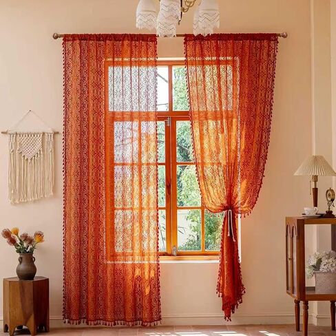 Sutuo Home Terracotta Boho Sheer Curtains 84 inches Long for Bedroom Living Room, Bohemian Burnt Orange Lace Cottage Crochet Privacy Farmhouse Vintage Tassels Halloween Decor Rod Pocket,2 Panels 50" W in Saudi Arabia