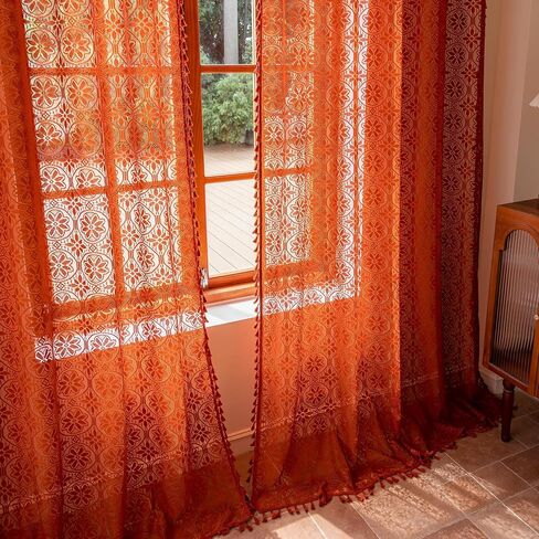 Sutuo Home Terracotta Boho Sheer Curtains 84 inches Long for Bedroom Living Room, Bohemian Burnt Orange Lace Cottage Crochet Privacy Farmhouse Vintage Tassels Halloween Decor Rod Pocket,2 Panels 50" W in Saudi Arabia
