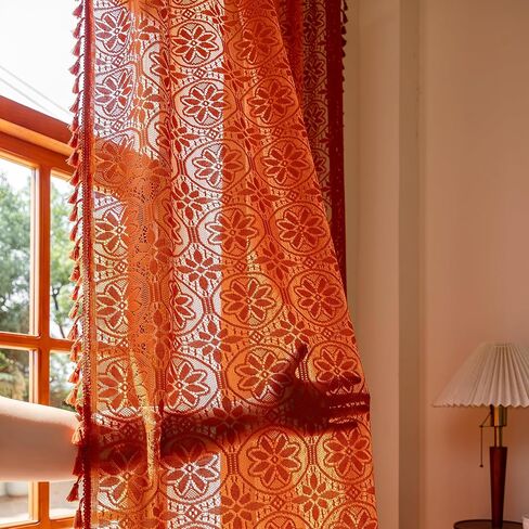 Sutuo Home Terracotta Boho Sheer Curtains 84 inches Long for Bedroom Living Room, Bohemian Burnt Orange Lace Cottage Crochet Privacy Farmhouse Vintage Tassels Halloween Decor Rod Pocket,2 Panels 50" W in Saudi Arabia