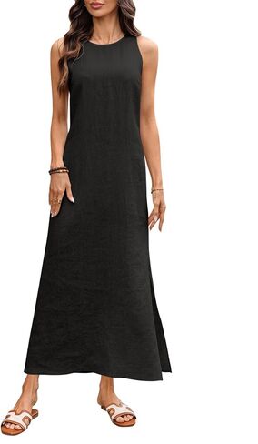 Women's 100% Linen Maxi Dress Sleeveless Crewneck 2026 Summer Trendy Split Dresses in Saudi Arabia