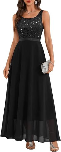 BeryLove Sequin Dress for Woman Vintage A Line Wedding Formal Swing Mesh Dress Sleeveless Cocktail Maxi Gowns in Kuwait