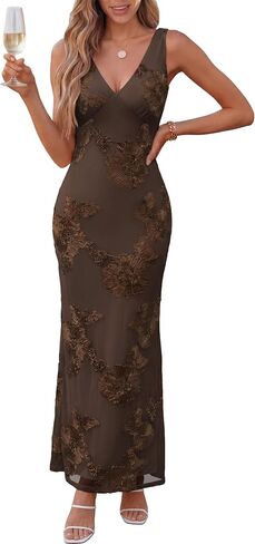 Caracilia Women Floral Maxi Dress 2026 Summer Mesh Deep V Neck Bodycon Formal Wedding Guest Cocktail Prom Party Long Dresses in Saudi Arabia