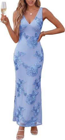 Caracilia Women Floral Maxi Dress 2026 Summer Mesh Deep V Neck Bodycon Formal Wedding Guest Cocktail Prom Party Long Dresses in Saudi Arabia