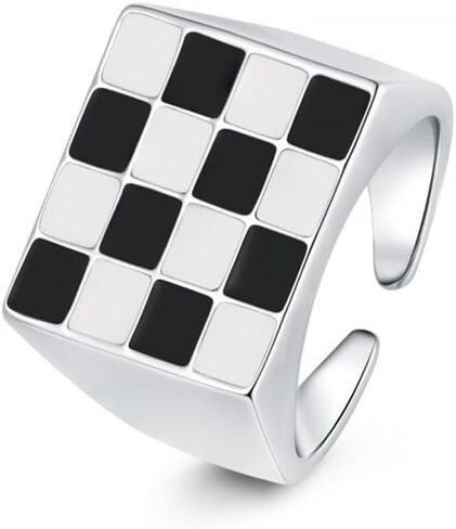 Checkerboard Rings for Women Men Black White Enamel Chess Pattern Wedding Band Checkered Knuckle Finger Ring Open Adjustable Fashion Square Geometric Statement Comfort Fit Jewelry in Kuwait