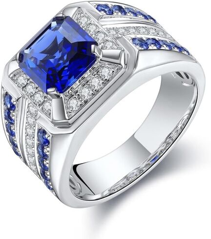 Sterling Silver Sapphire Ring for Men Women, Cut Blue Gemstone Statement Band Luxury Wedding Promise Ring Cubic Zirconia Square Cut Stone Hand Carved Ring Blue Topaz gem Ring Size 12 in Kuwait