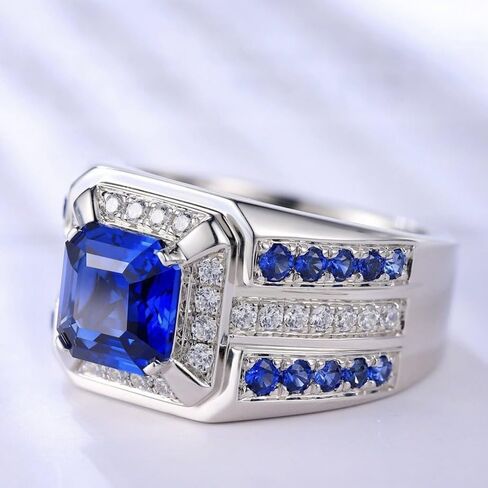Sterling Silver Sapphire Ring for Men Women, Cut Blue Gemstone Statement Band Luxury Wedding Promise Ring Cubic Zirconia Square Cut Stone Hand Carved Ring Blue Topaz gem Ring Size 12 in Kuwait