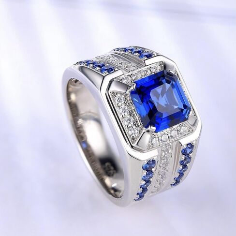 Sterling Silver Sapphire Ring for Men Women, Cut Blue Gemstone Statement Band Luxury Wedding Promise Ring Cubic Zirconia Square Cut Stone Hand Carved Ring Blue Topaz gem Ring Size 12 in Kuwait
