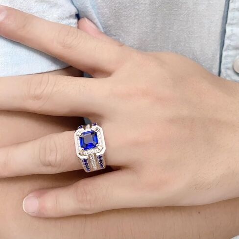 Sterling Silver Sapphire Ring for Men Women, Cut Blue Gemstone Statement Band Luxury Wedding Promise Ring Cubic Zirconia Square Cut Stone Hand Carved Ring Blue Topaz gem Ring Size 12 in Kuwait