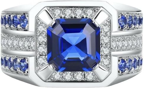 Sterling Silver Sapphire Ring for Men Women, Cut Blue Gemstone Statement Band Luxury Wedding Promise Ring Cubic Zirconia Square Cut Stone Hand Carved Ring Blue Topaz gem Ring Size 12 in Kuwait