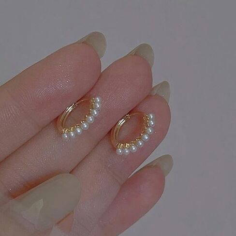 Mini Rice Pearl Huggie Hoop Earrings, Geometric Circle Ear Cuff with Simulated Pearls for Women, Elegant Minimalist Everyday Jewelry, All-Season Wear for Girlfriend and Friends in Kuwait
