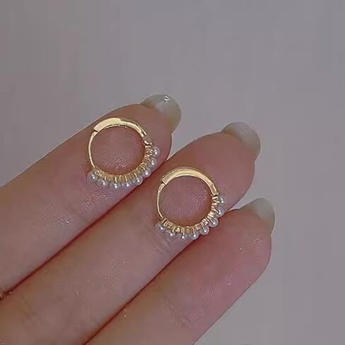 Mini Rice Pearl Huggie Hoop Earrings, Geometric Circle Ear Cuff with Simulated Pearls for Women, Elegant Minimalist Everyday Jewelry, All-Season Wear for Girlfriend and Friends in Kuwait