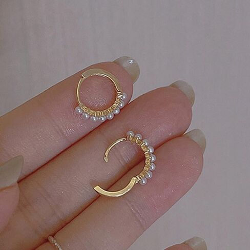 Mini Rice Pearl Huggie Hoop Earrings, Geometric Circle Ear Cuff with Simulated Pearls for Women, Elegant Minimalist Everyday Jewelry, All-Season Wear for Girlfriend and Friends in Kuwait