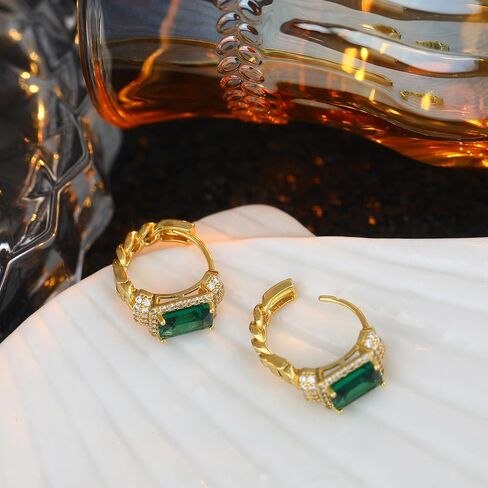 EVEYE Green Jewelry Earrings for Women, 18K Gold Plated Huggie Hoop with Created-Emerald and Cubic Zirconia, Lightweight Adjustable Earrings, Eco-Friendly Recycled Brass Birthday Gift for Women in Saudi Arabia