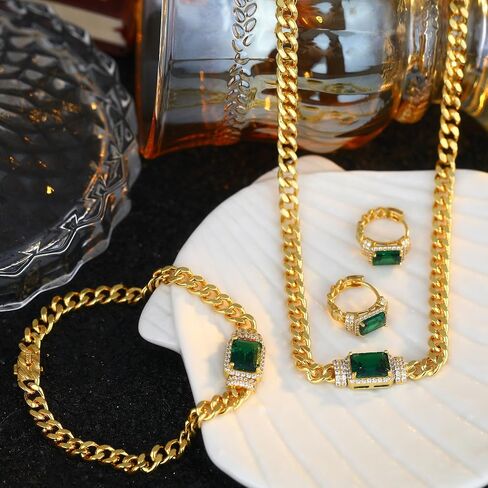 EVEYE Green Jewelry Earrings for Women, 18K Gold Plated Huggie Hoop with Created-Emerald and Cubic Zirconia, Lightweight Adjustable Earrings, Eco-Friendly Recycled Brass Birthday Gift for Women in Saudi Arabia