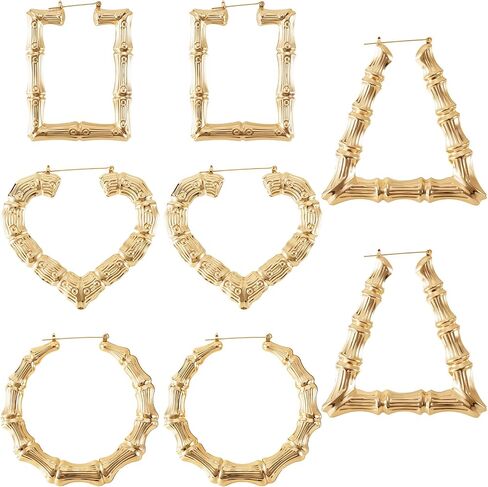 4 Pairs Large Bamboo Hoop Earrings, Gold Plated Bamboo Hoops with Stainless Steel Post, Hypoallergenic Trendy 90s Hoop Earrings for Women Retro Style Parties in Saudi Arabia