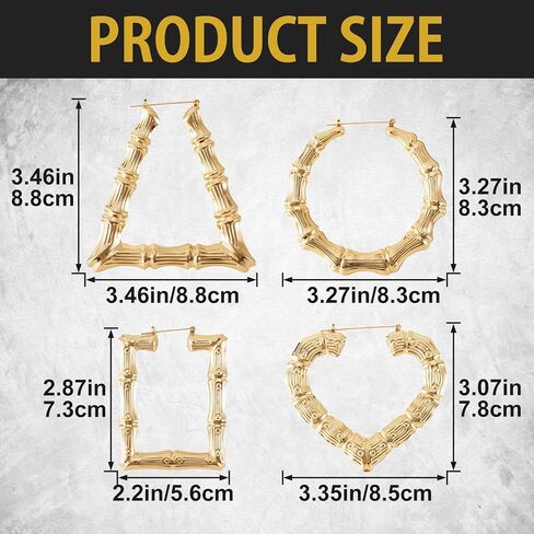 4 Pairs Large Bamboo Hoop Earrings, Gold Plated Bamboo Hoops with Stainless Steel Post, Hypoallergenic Trendy 90s Hoop Earrings for Women Retro Style Parties in Saudi Arabia