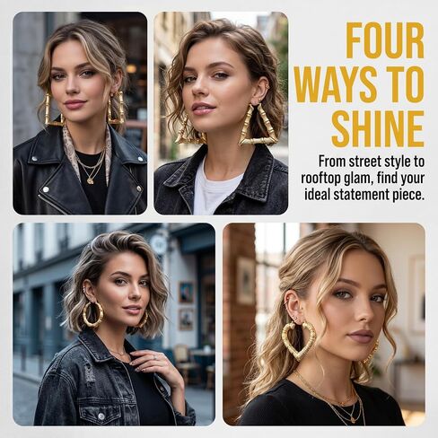 4 Pairs Large Bamboo Hoop Earrings, Gold Plated Bamboo Hoops with Stainless Steel Post, Hypoallergenic Trendy 90s Hoop Earrings for Women Retro Style Parties in Saudi Arabia