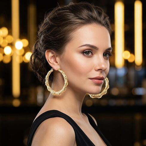 4 Pairs Large Bamboo Hoop Earrings, Gold Plated Bamboo Hoops with Stainless Steel Post, Hypoallergenic Trendy 90s Hoop Earrings for Women Retro Style Parties in Saudi Arabia