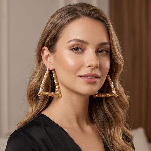 4 Pairs Large Bamboo Hoop Earrings, Gold Plated Bamboo Hoops with Stainless Steel Post, Hypoallergenic Trendy 90s Hoop Earrings for Women Retro Style Parties in Saudi Arabia
