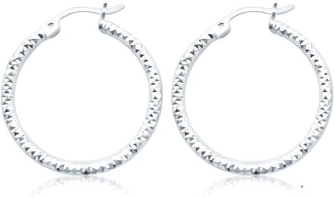 Sparkly Anti-tarnish Silver hoops Sterling Silver .925 Hoop Earrings Textured Medium 30mm Hinged back Hypoallergenic Hoops for Women, Bridal earrings, Gift for her in Kuwait