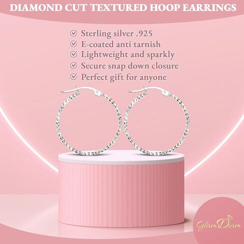 Sparkly Anti-tarnish Silver hoops Sterling Silver .925 Hoop Earrings Textured Medium 30mm Hinged back Hypoallergenic Hoops for Women, Bridal earrings, Gift for her in Kuwait