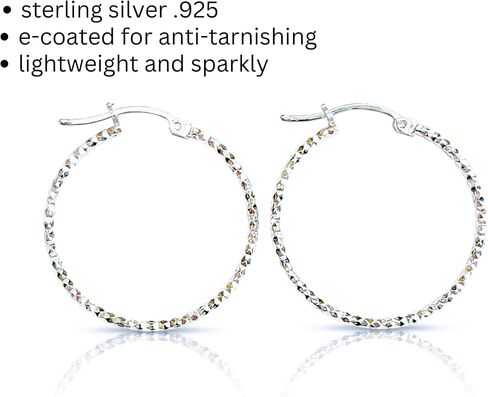 Sparkly Anti-tarnish Silver hoops Sterling Silver .925 Hoop Earrings Textured Medium 30mm Hinged back Hypoallergenic Hoops for Women, Bridal earrings, Gift for her in Kuwait