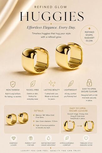 VÓEN Refined Glow Mini Hoops – 14K Yellow Gold Huggie Hoop Earrings for Women - 13.5mm Small Gold Earrings for Women - Lightweight Hypoallergenic Thick Hoops in Saudi Arabia