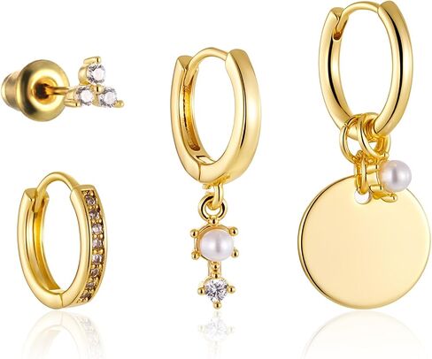 4Pcs Earring Sets for Women, 14k Gold Plated Pearl Dangle Dainty Earrings Stack Fashion Unique Gold Plated Hoop Earrings for Women Trendy Multiple Piercing in Saudi Arabia