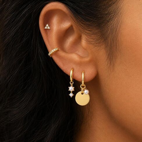 4Pcs Earring Sets for Women, 14k Gold Plated Pearl Dangle Dainty Earrings Stack Fashion Unique Gold Plated Hoop Earrings for Women Trendy Multiple Piercing in Saudi Arabia