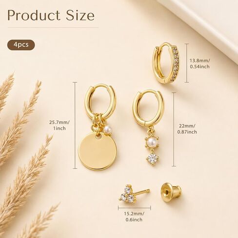 4Pcs Earring Sets for Women, 14k Gold Plated Pearl Dangle Dainty Earrings Stack Fashion Unique Gold Plated Hoop Earrings for Women Trendy Multiple Piercing in Saudi Arabia