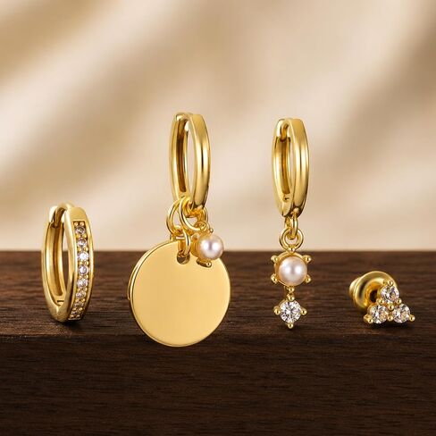 4Pcs Earring Sets for Women, 14k Gold Plated Pearl Dangle Dainty Earrings Stack Fashion Unique Gold Plated Hoop Earrings for Women Trendy Multiple Piercing in Saudi Arabia