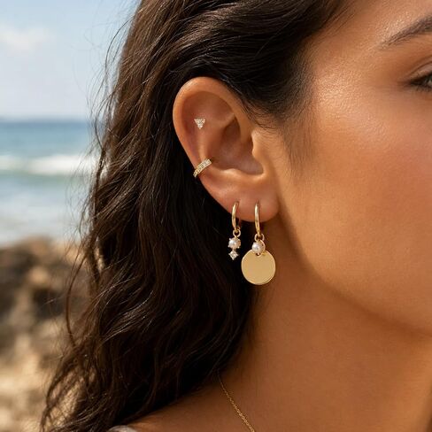 4Pcs Earring Sets for Women, 14k Gold Plated Pearl Dangle Dainty Earrings Stack Fashion Unique Gold Plated Hoop Earrings for Women Trendy Multiple Piercing in Saudi Arabia