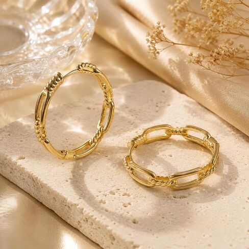 14K Gold Link Hoop Earrings for Women Paperclip Chain Style Hypoallergenic Lightweight Hoops Earring for Women 30mm in Saudi Arabia