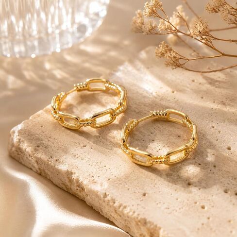 14K Gold Link Hoop Earrings for Women Paperclip Chain Style Hypoallergenic Lightweight Hoops Earring for Women 30mm in Saudi Arabia