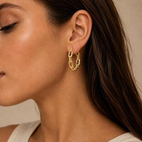 14K Gold Link Hoop Earrings for Women Paperclip Chain Style Hypoallergenic Lightweight Hoops Earring for Women 30mm in Saudi Arabia