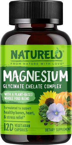 NATURELO Magnesium Glycinate Chelate Complex - 200 mg Magnesium with Organic Vegetables to Support Sleep, Calm, Muscle Cramp & Stress Relief – Gluten Free, Non GMO - 120 Capsules in Kuwait