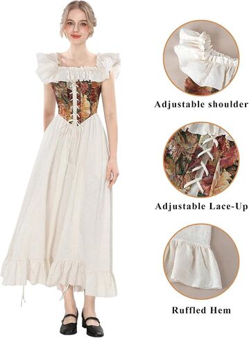 CR ROLECOS Renaissance Costume Women Floral Medieval Dress White Off Shoulder Victorian Dresses with Pocket in Kuwait