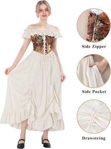 CR ROLECOS Renaissance Costume Women Floral Medieval Dress White Off Shoulder Victorian Dresses with Pocket in Kuwait