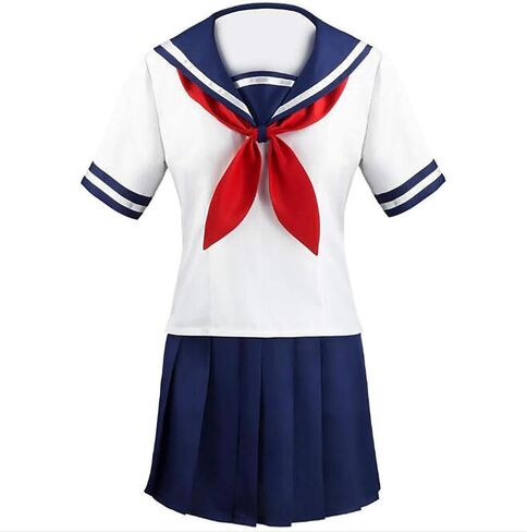Japanese Sailor Uniform Cosplay Costume, White Top Red Scarf Blue Pleated Skirt Set Women in Saudi Arabia