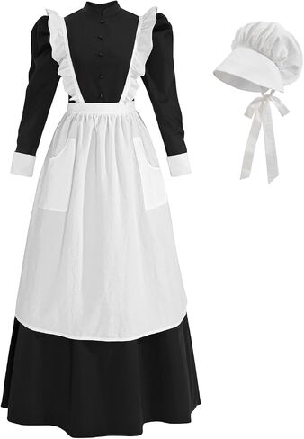 NSPSTT Pioneer Dress Women Prairie Colonial Costume with Apron Victorian Maid Outfit Black in Saudi Arabia