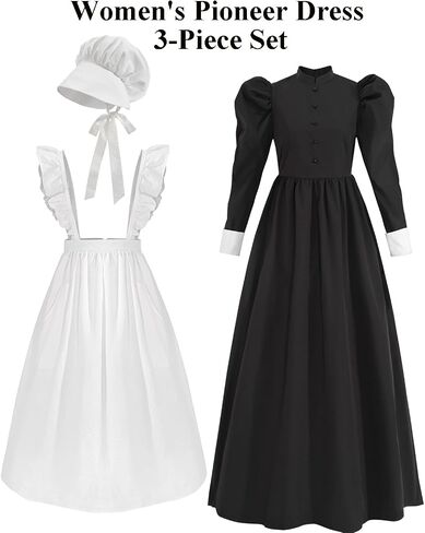 NSPSTT Pioneer Dress Women Prairie Colonial Costume with Apron Victorian Maid Outfit Black in Saudi Arabia