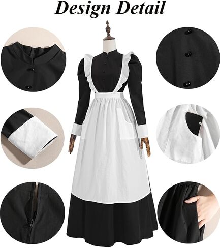 NSPSTT Pioneer Dress Women Prairie Colonial Costume with Apron Victorian Maid Outfit Black in Saudi Arabia