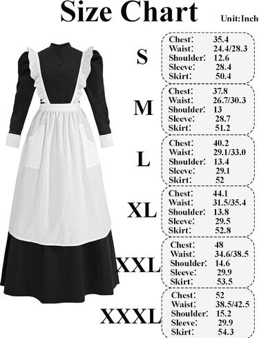 NSPSTT Pioneer Dress Women Prairie Colonial Costume with Apron Victorian Maid Outfit Black in Saudi Arabia