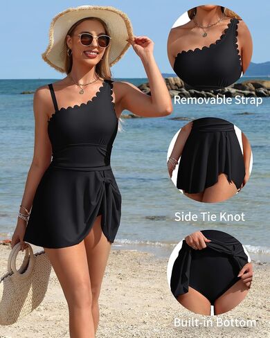 Charmo One Shoulder One Piece Swimsuit Women Tummy Control Bathing Suit with Skirt Tie Knot Cute Scalloped Swimdress in Kuwait